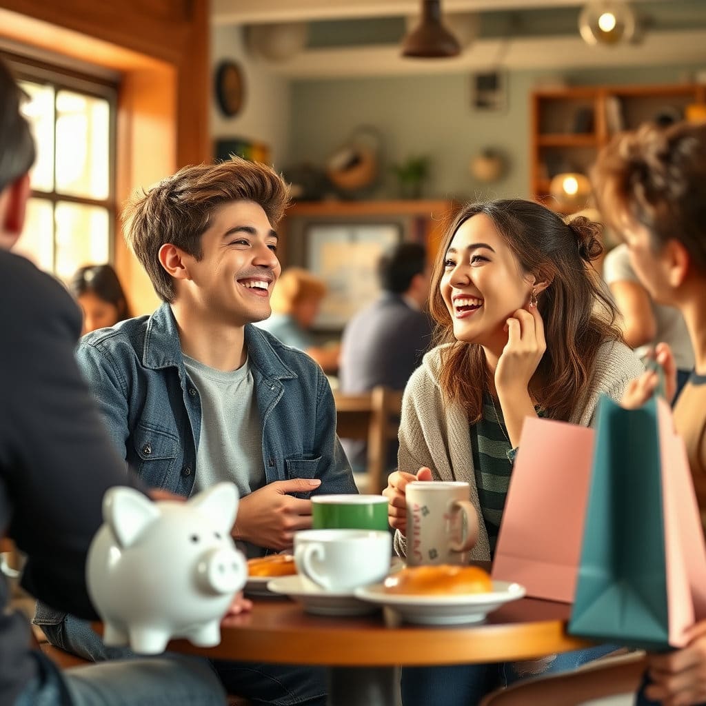 청년이 월세 걱정 없이 친구와 만나 웃으며 이야기하거나, 카페에서 여유롭게 시간을 보내거나, 사고 싶었던 물건을 구매하는 등 소소한 행복을 누리는 모습을 그립니다. 배경에 '월세 지원금'이나 '경제적 여유'를 상징하는 요소(예: 저금통, 쇼핑백)를 은유적으로 배치하여 지원금의 긍정적인 효과를 나타냅니다. 밝고 편안한 분위기를 연출합니다.