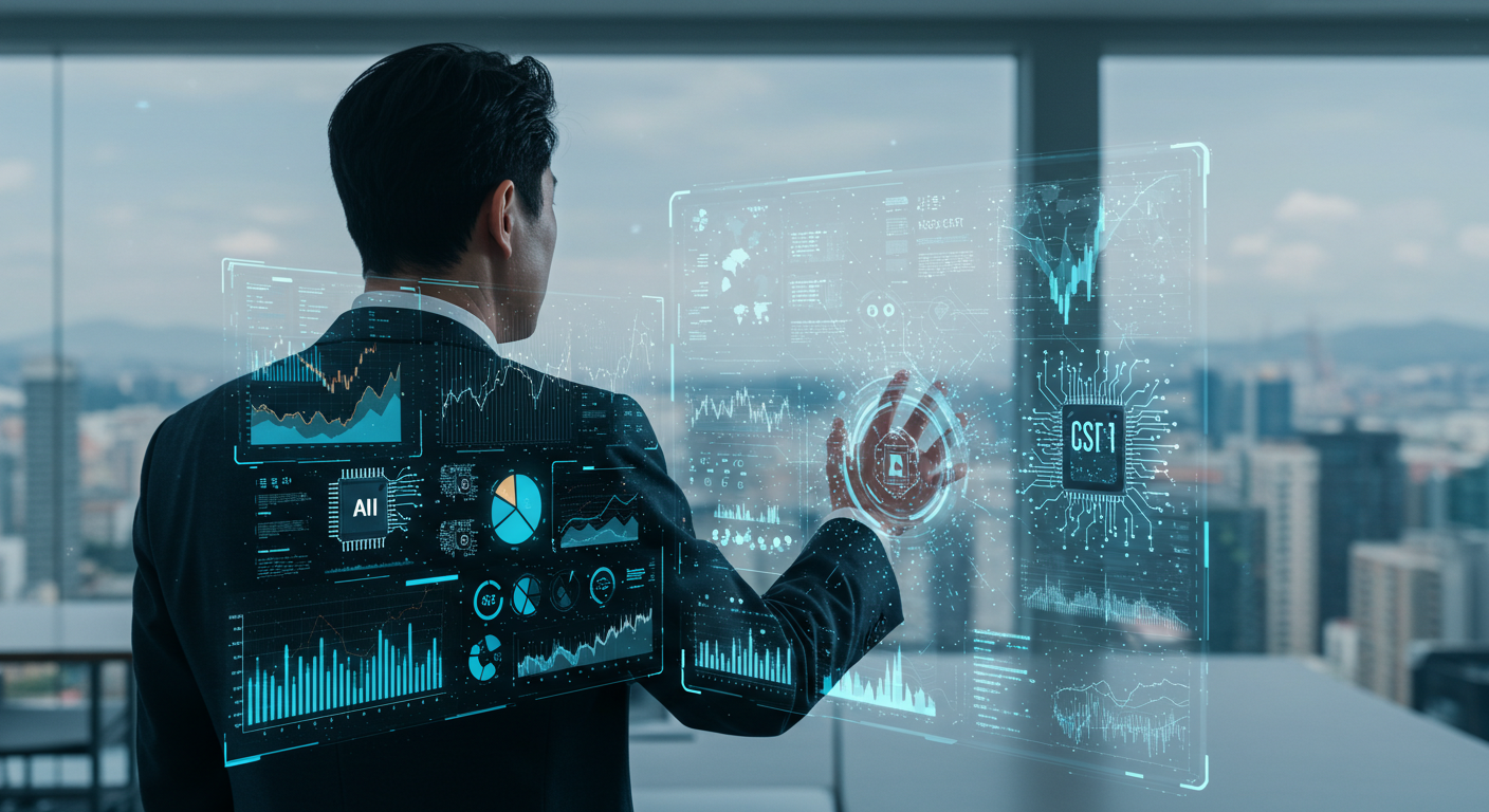 반도체 산업과 주식시장을 분석하는 한국 투자자의 일러스트