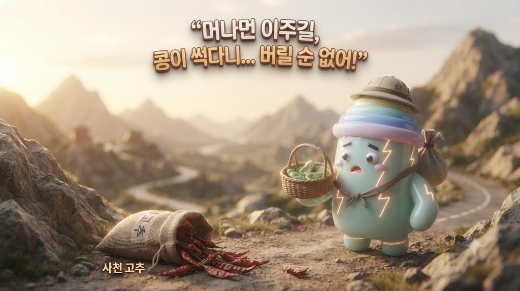 청나라 강희제 시대, 복건성에서 사천 피현으로 이주하던 '천이'의 모습입니다. 3D 쫀쿠가 봇짐을 지고 수천 리 길을 걷고 있습니다. 천이의 표정은 근심으로 가득 차 있는데, 사천의 습한 기후 탓에 그만 가져온 귀한 '잠두'(누에콩)가 썩어버렸기 때문입니다. 쫀쿠가 썩어버린 콩을 보며 한숨을 쉬고 있고, 그 옆으로는 비슷한 시기에 들어온 낯선 고추가 담긴 자루가 보입니다. 버리기 아까워 썩은 콩을 고추와 소금에 버무리는 역사적 순간이 곧 다가옵니다.