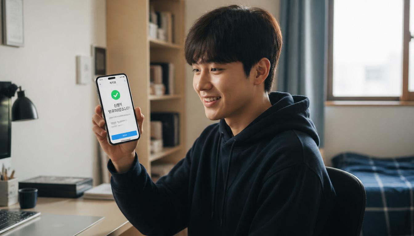 깔끔하게 정돈된 자취방 원룸 책상에서 스마트폰으로 청년월세 지원금 신청 완료 화면을 보며 밝게 미소 짓고 있는 20대 한국인 청년의 모습.