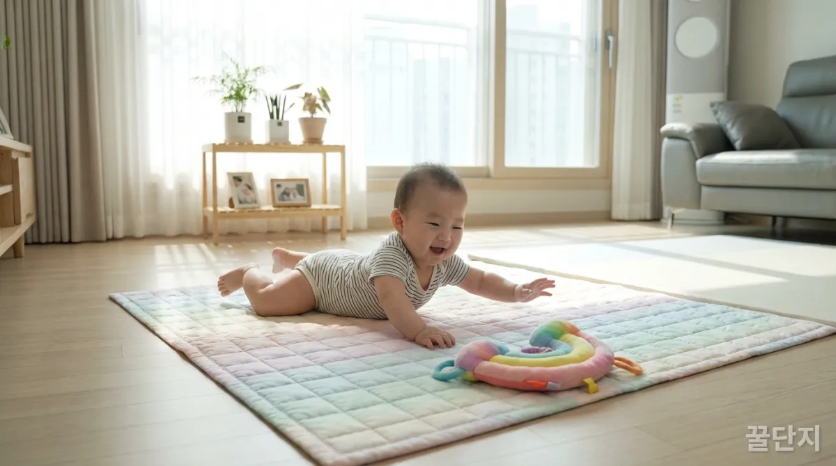 생후 5개월 한국 아기가 뒤집기에 성공하고 장난감을 잡으려는 모습