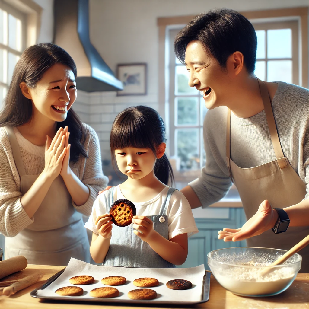 밝은 주방에서 탄 쿠키를 들고 실망하는 딸에게 부모가 새로 쿠키를 만드는 방법을 가르치며 격려하는 모습