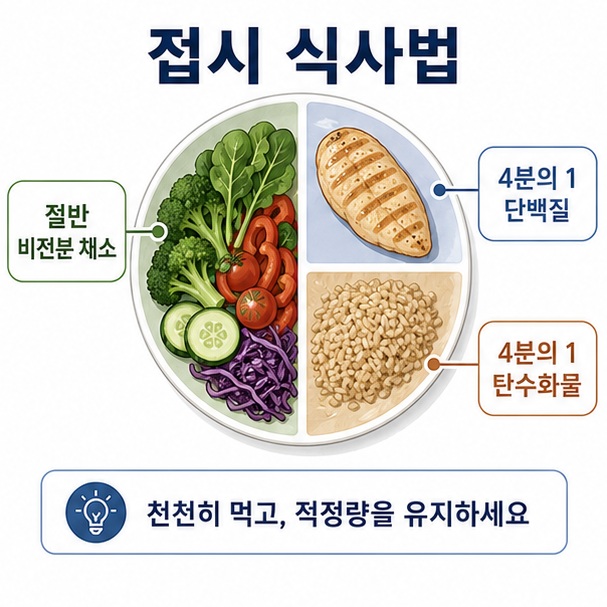 식사 접시의 절반을 비전분 채소로 채우고 나머지를 단백질과 탄수화물로 나누는 식사법을 표현한 이미지