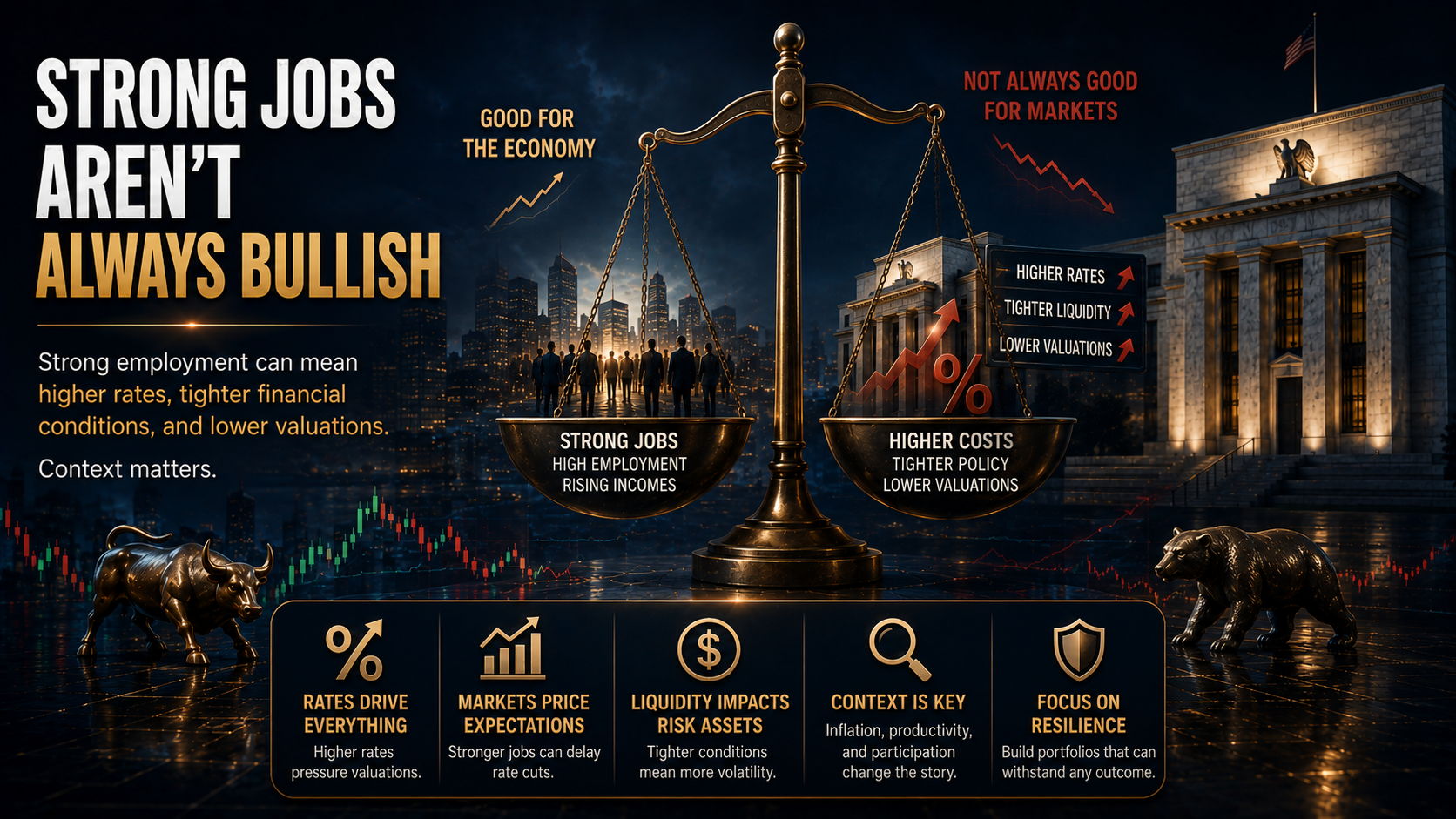 Investment infographic explaining why strong jobs data can delay rate cuts, tighten financial conditions, and affect stock market valuations.