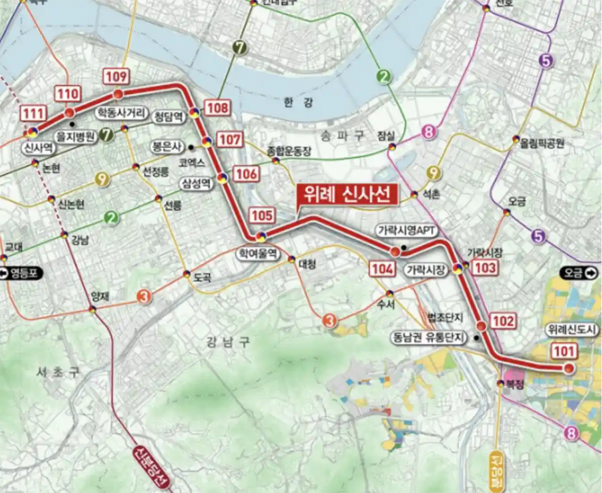 위례신사선-위례신도시출발-신사역종점-노선도