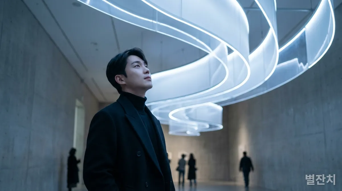 서울 미술관에서 영감을 받은 듯 빛 조각상을 올려다보는 한국인 젊은 남성