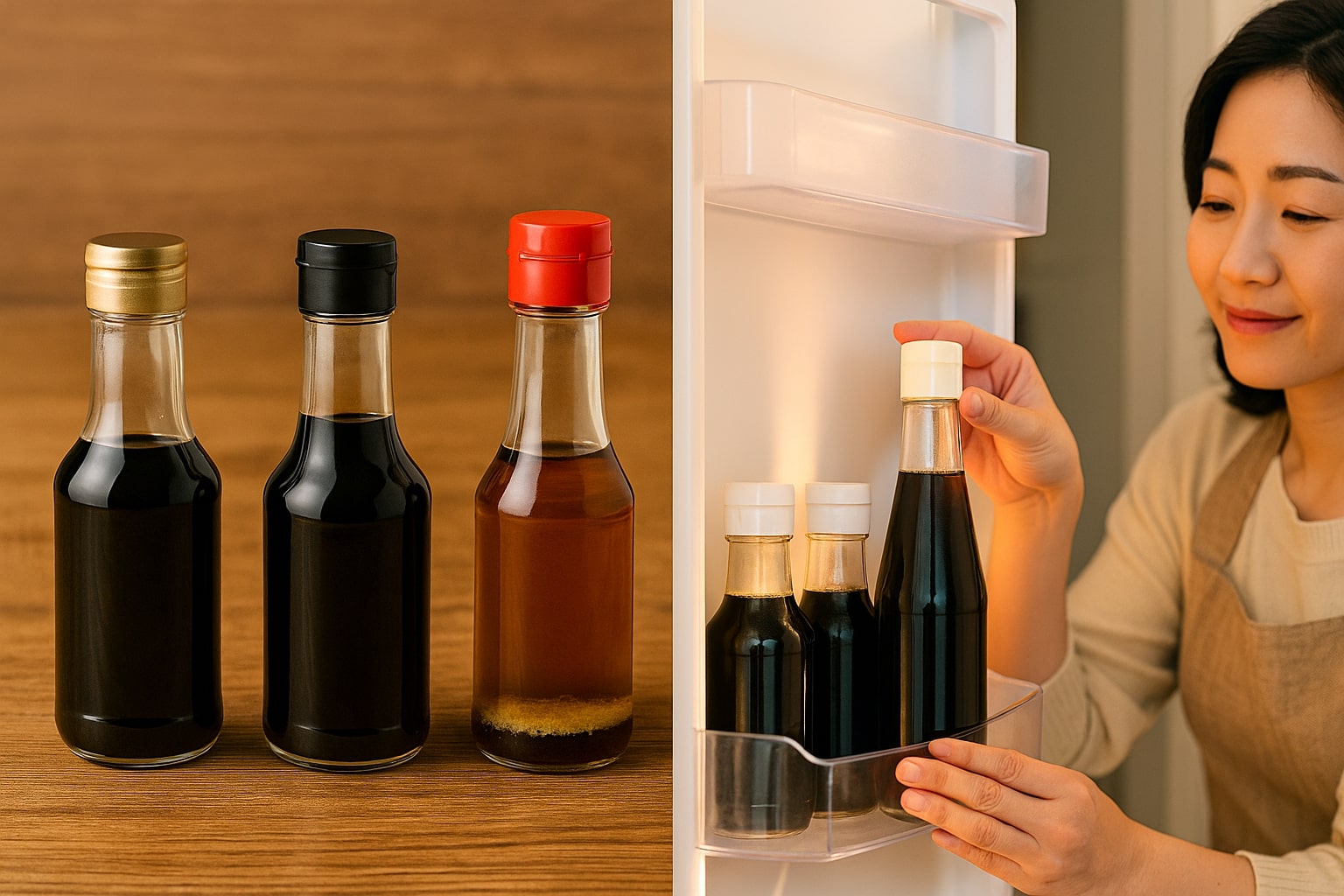 햇빛에 침전물이 생긴 간장과 냉장고에 잘 보관된 간장 비교 장면