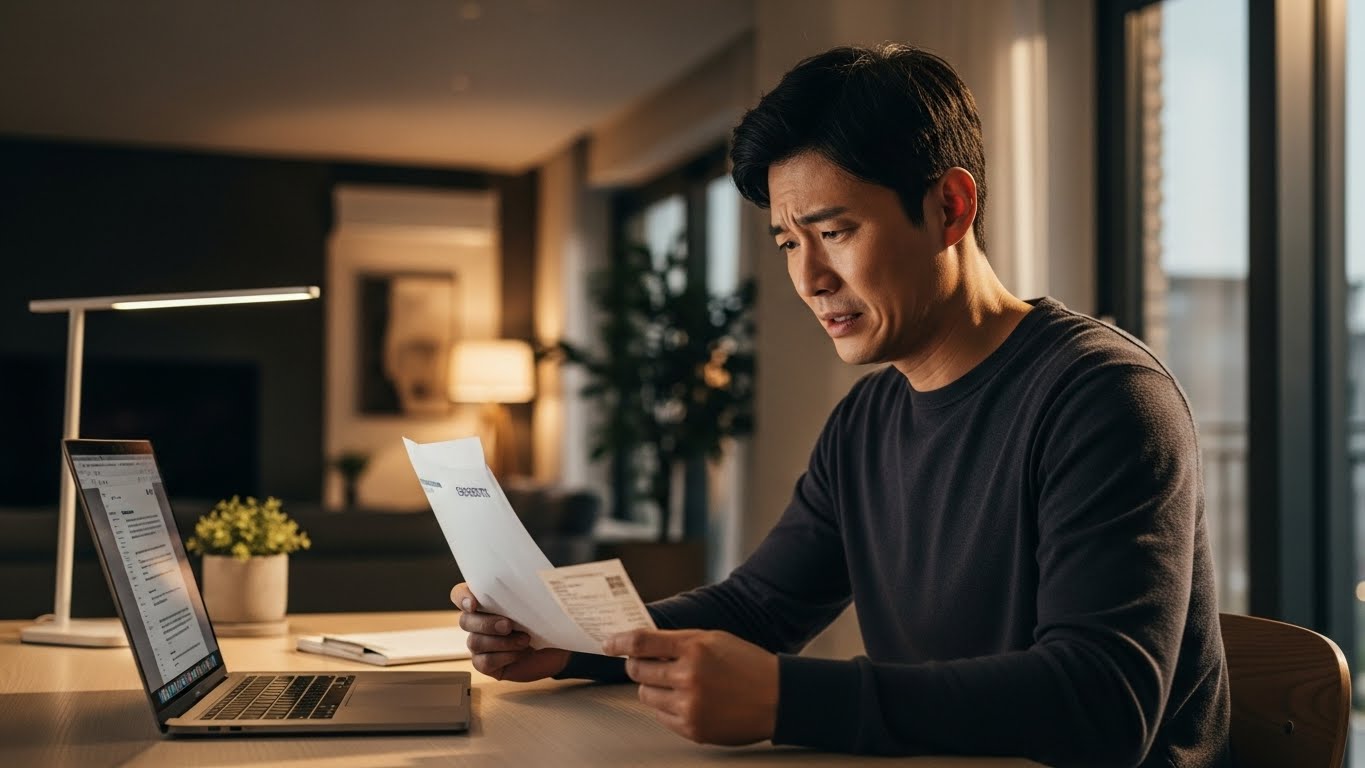 수입이 줄어든 상황에서 작년 기준의 높은 건강보험료 고지서를 받고 고민하는 프리랜서의 모습