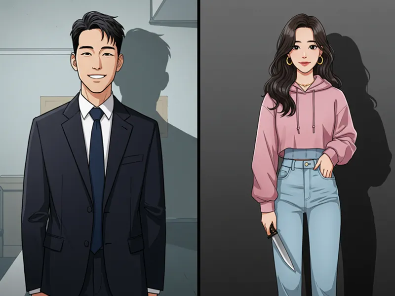 평범한 회사원 남자가 밝은 미소를 짓고 있지만, 그의 그림자는 칼을 들고 있는 섬뜩한 모습이다. 겉과 속이 다른 사이코패스의 이중성을 표현한다