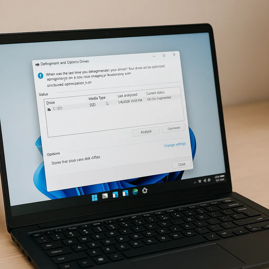 윈도우의 드라이브 조각 모음 및 최적화 앱이 실행되어 있는 노트북 화면
