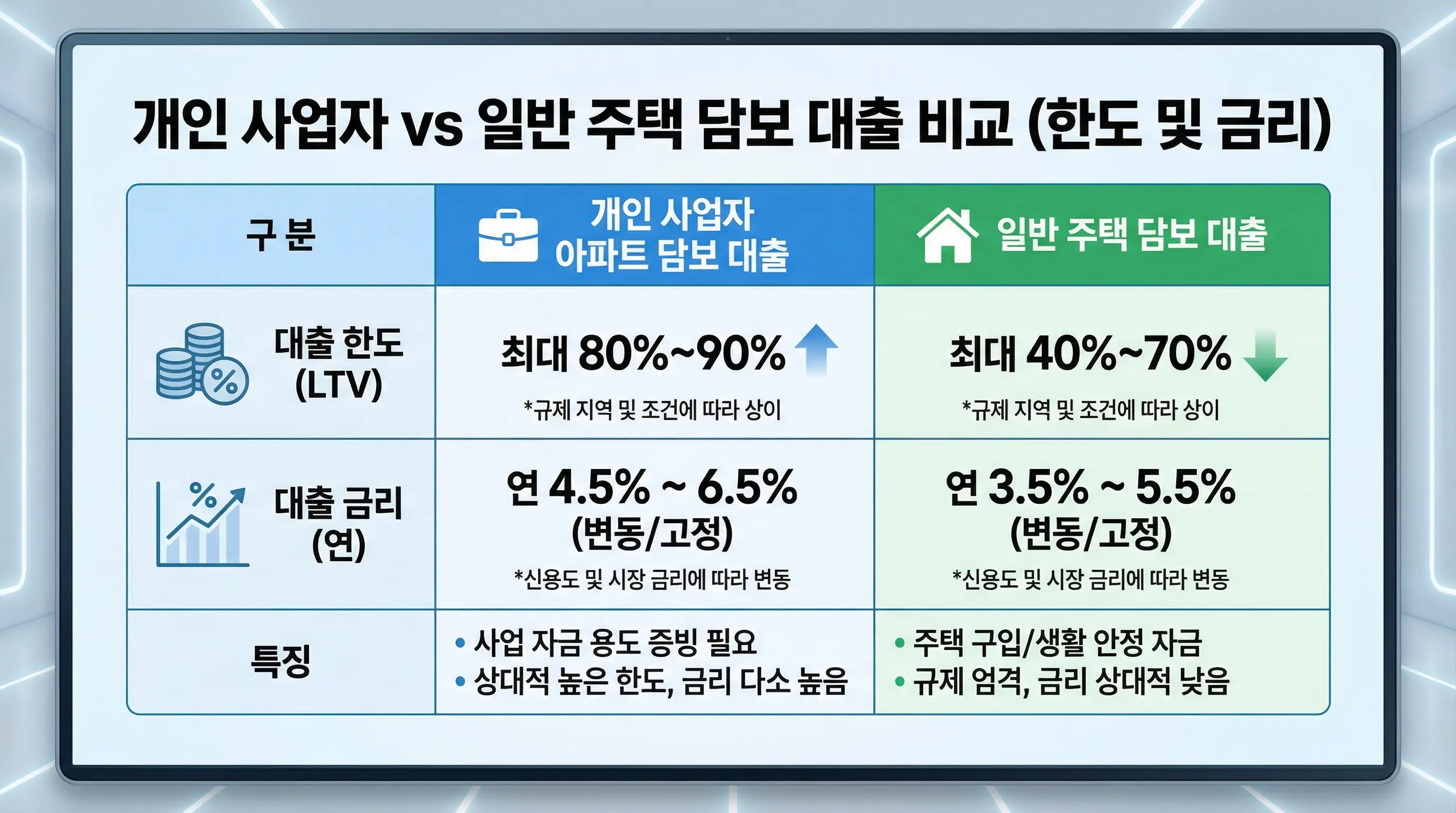 개인 사업자 아파트 담보 대출과 일반 주택 담보 대출의 한도 및 금리 차이를 비교하는 표
