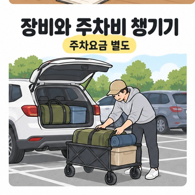 장비와 주차비 챙기기 및 주차요금 별도 문구 아래 주차된 차량 옆에서 캠핑 가방을 짐수레에 싣는 사람