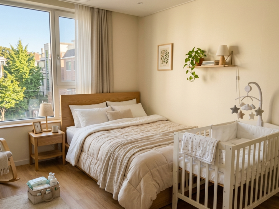 산후조리원 내부 객실 모습과 아기 침대