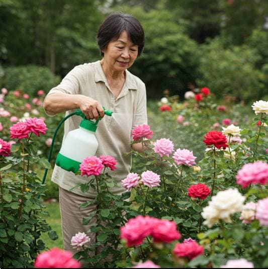 난황유 효능 식물 병해 방제 효과, 장미에 난황유 뿌리는 여성 사진