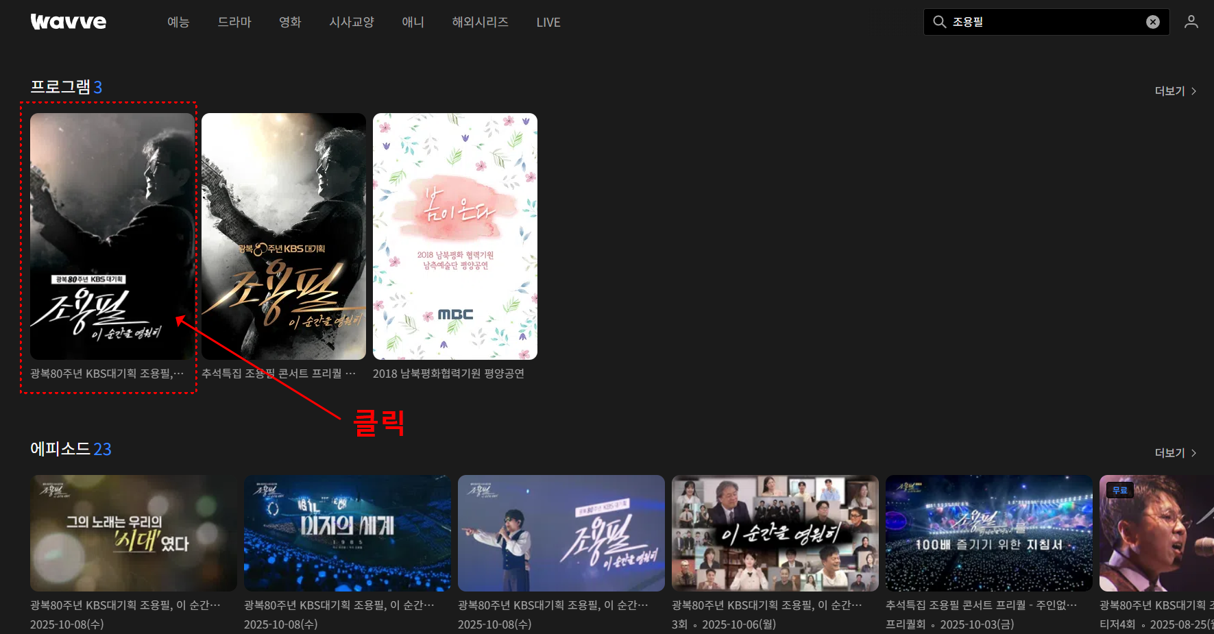 조용필 콘서트 다시보기 웨이브 검색 방법 2 번