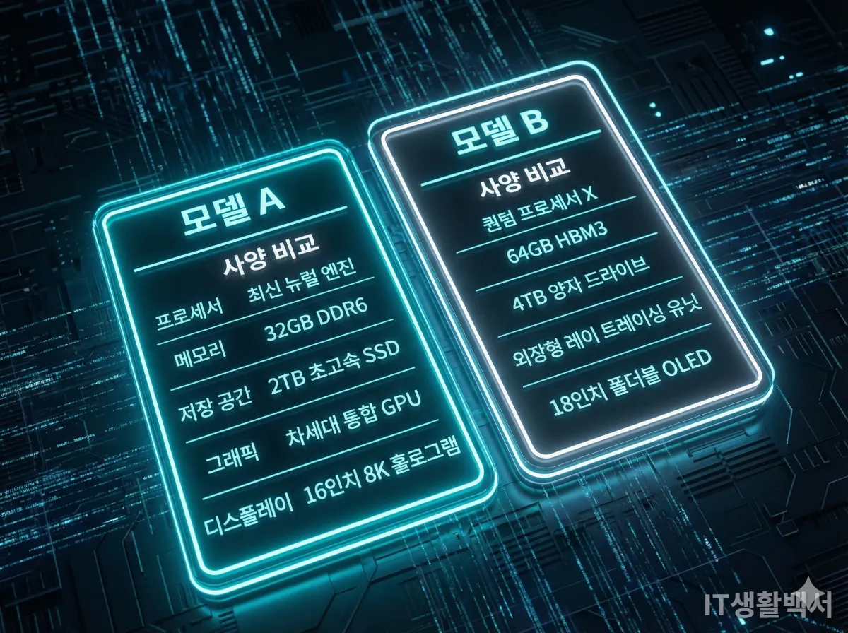 LG 그램 프로와 갤럭시북5 프로의 스펙을 비교하는 홀로그램 차트 이미지