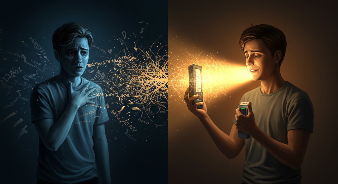 T유형의 팩폭으로 상처받고 혼란스러워하던 F유형이 감정 번역기라는 소통법을 통해 상대의 진짜 의도를 꿰뚫어 보고, 스트레스에서 벗어나 심리적 평온을 찾는 과정을 보여주는 이미지. 인지적 재평가를 통해 관계 스트레스를 극복하는 방법을 시사한다.