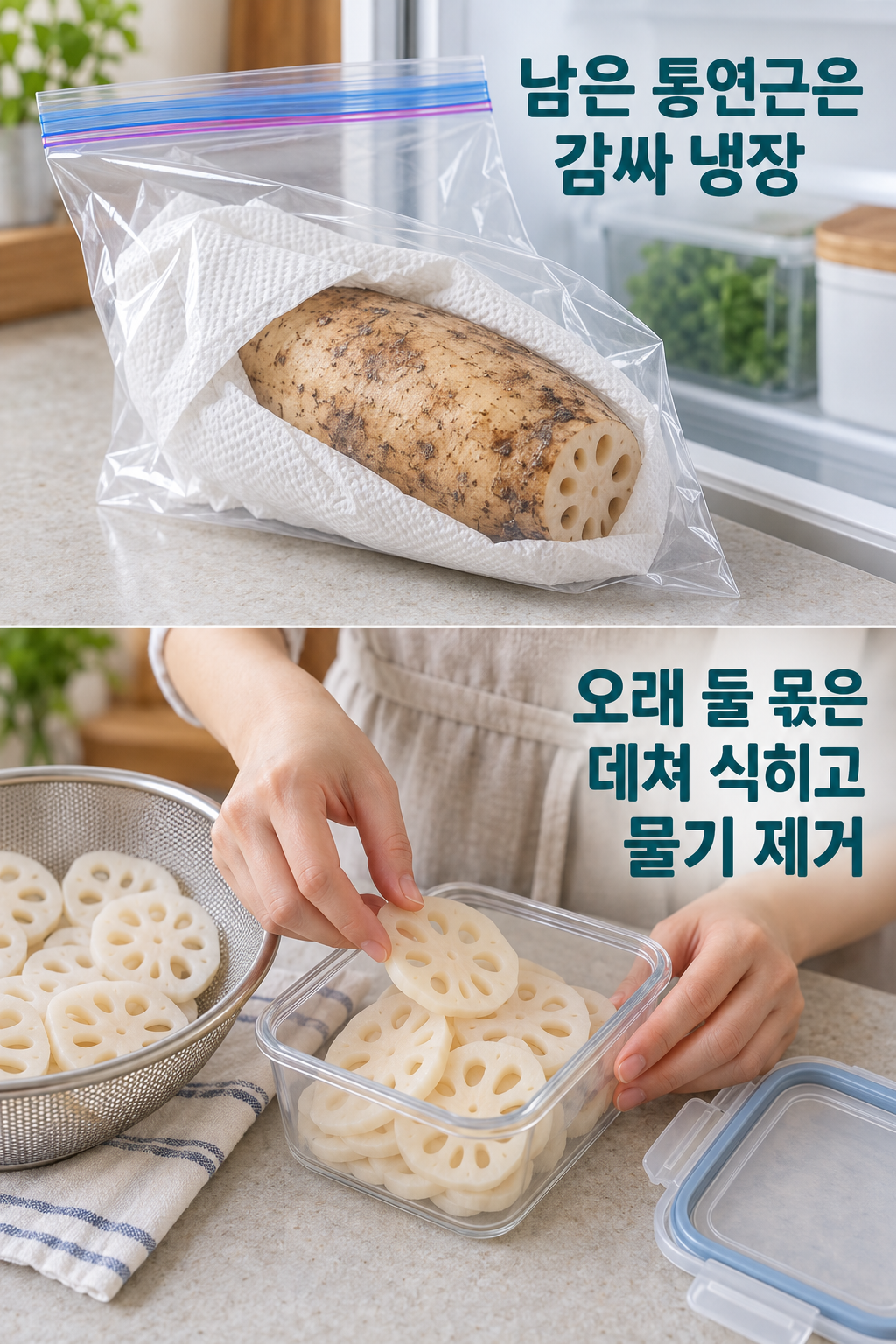 감싸 냉장할 통연근과 데쳐 물기를 제거한 연근을 밀폐용기에 담는 모습