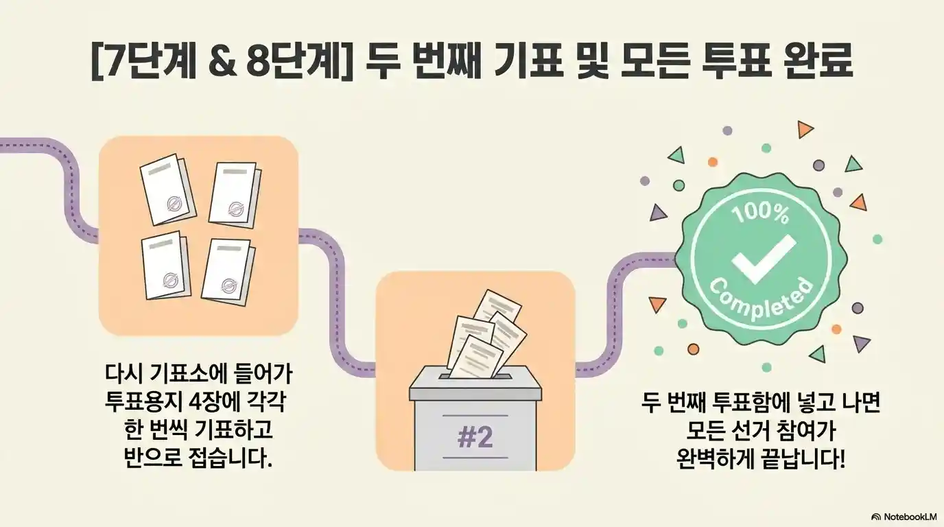 본투표 7단계&middot;8단계 - 기표소에서 투표용지 4장에 각각 기표 후 반으로 접어 두 번째 투표함(#2)에 투입하면 모든 선거 참여 완료