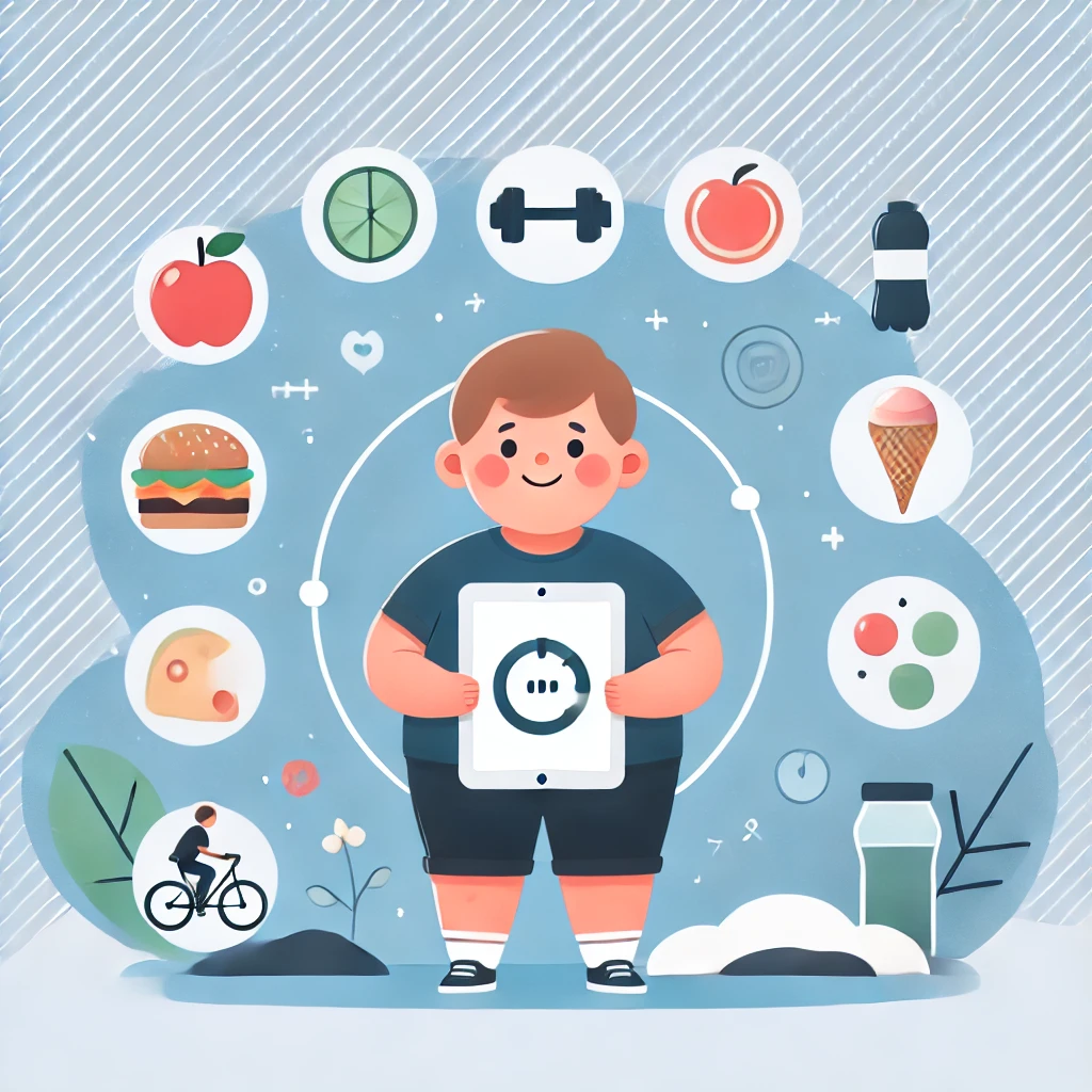 소아비만 아이와 식단과 운동의 중요성을 표현