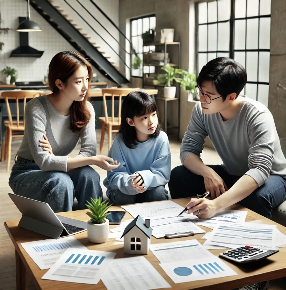 가정에서 금융 계획을 논의하는 가족의 모습