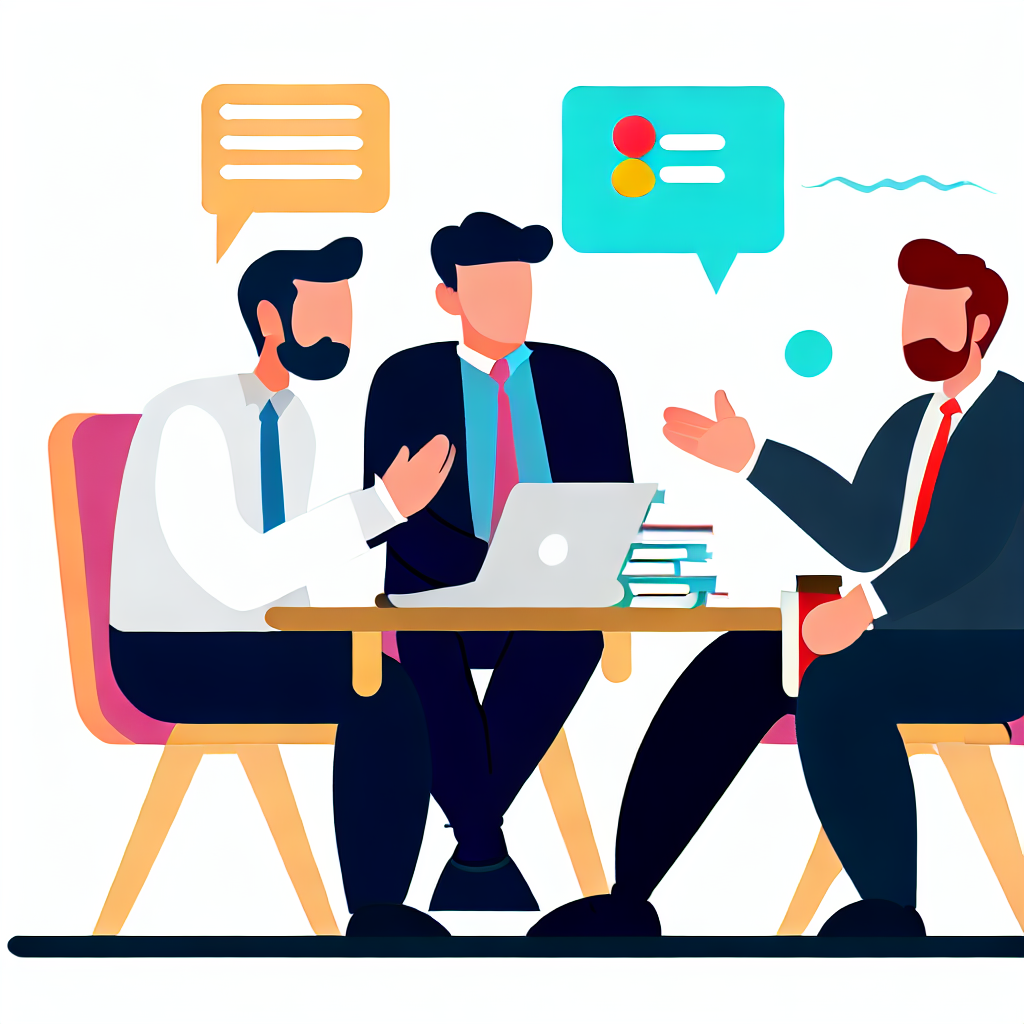 Flat vector style of an investor meeting, with people discussing and sharing information