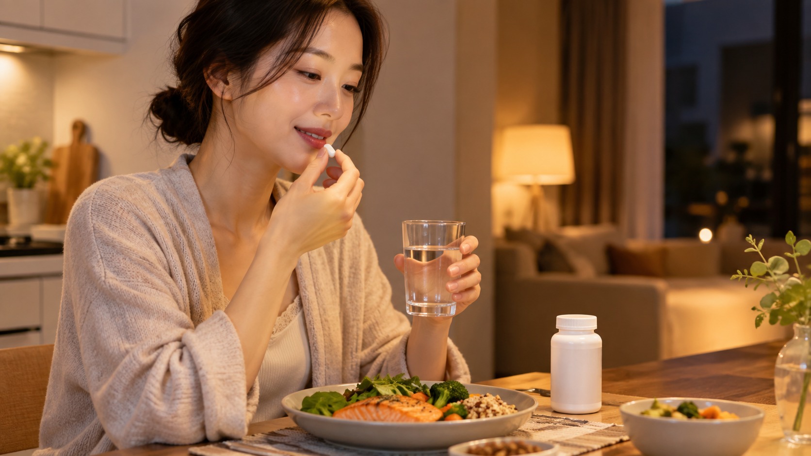 저녁 식사와 물을 곁에 두고 마그네슘 보충제를 복용하는 모습