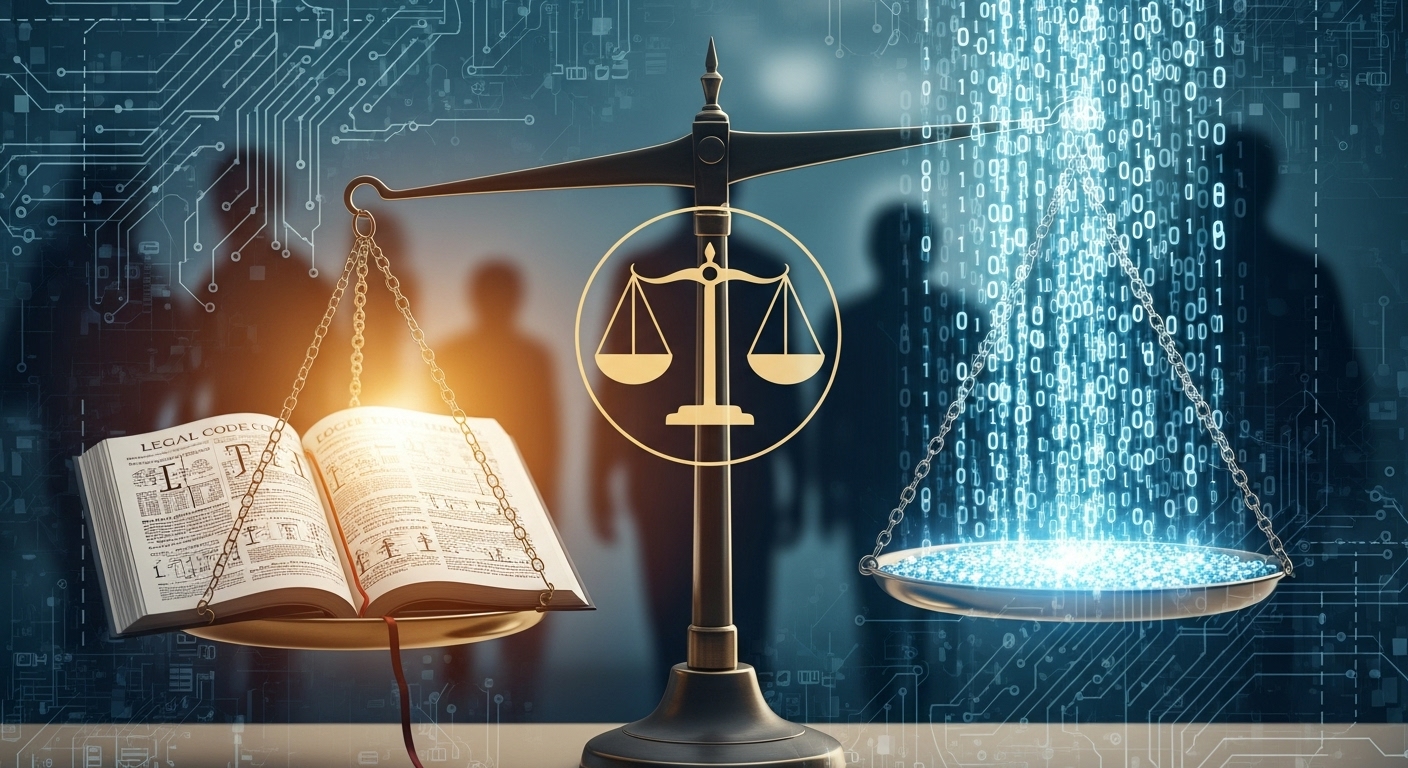 개인정보보호법과 GDPR 등 법적 규제가 개인의 디지털 데이터 주권을 보호하고 균형을 맞추는 모습을 상징하는 이미지