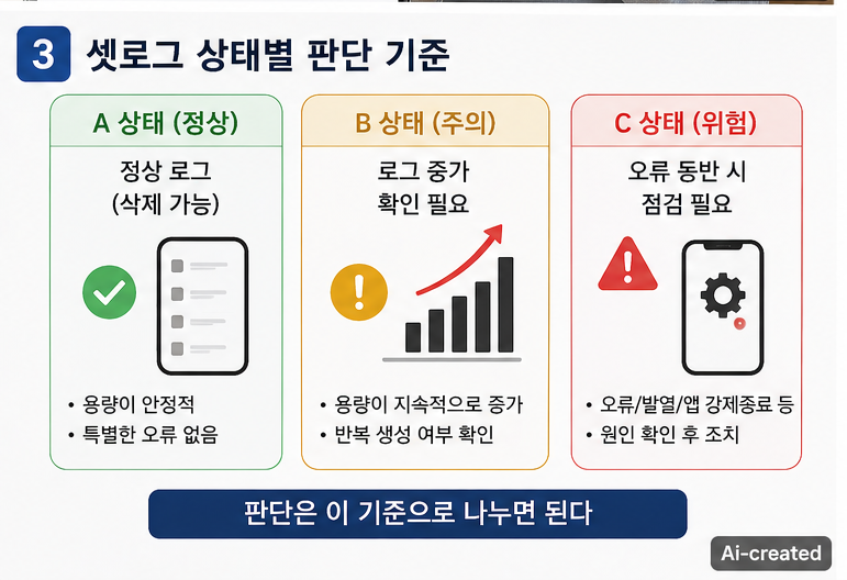 갤럭시 셋로그 용량 증가 여부를 확인하며 판단하는 모습