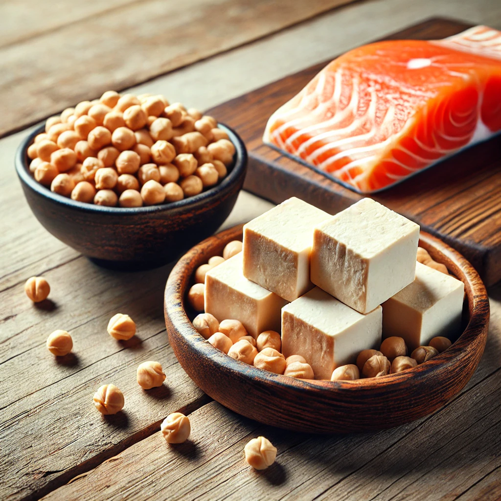 두부, 병아리콩, 연어