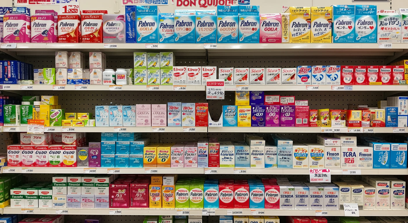 돈키호테 약국 코너에서 판매 중인 일본 감기약, 두통약, 배탈약 진열대