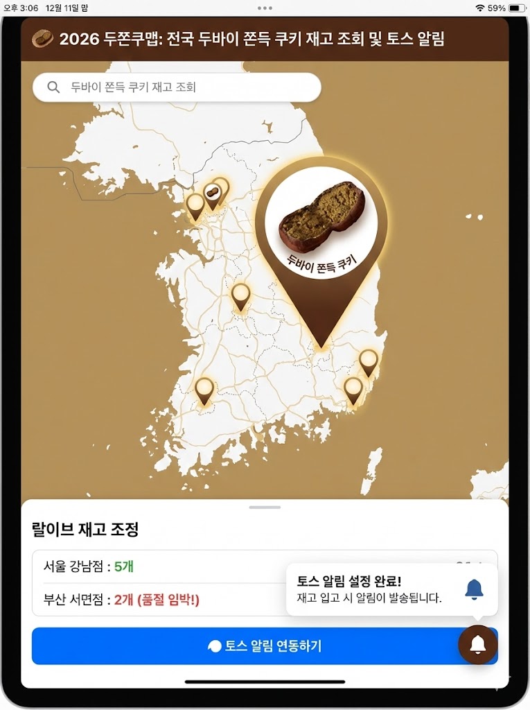 2026년 두쫀쿠맵 홈페이지를 활용한 전국 두바이 쫀득 쿠키 매장 재고 조회 및 토스 알림 연동 방법 안내 이미지