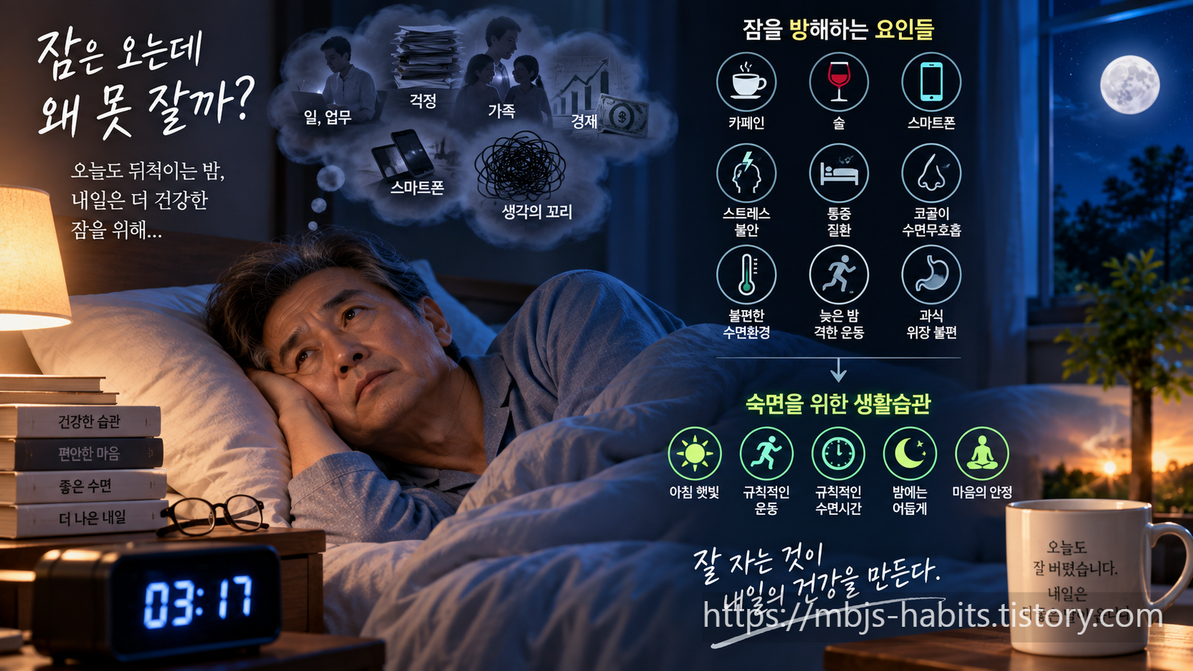 잠들지 못한 채 침대에 누워 있는 남성과 불면증을 일으키는 스트레스&middot;카페인&middot;스마트폰&middot;코골이 등의 요인, 숙면을 위한 생활습관을 함께 표현한 이미지
