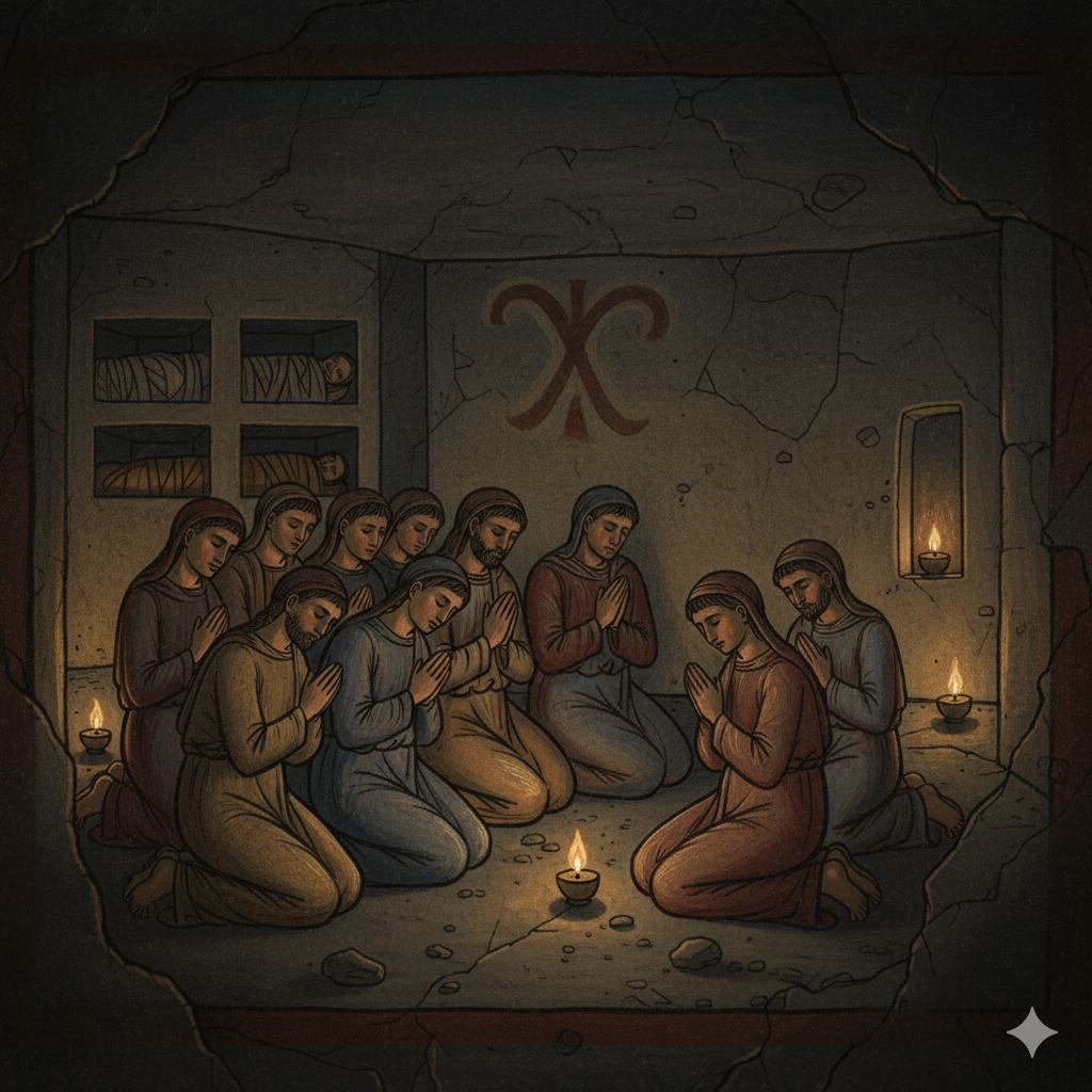 박해를 피해 카타콤에 모여 예배를 드리는 초기 기독교인들의 모습