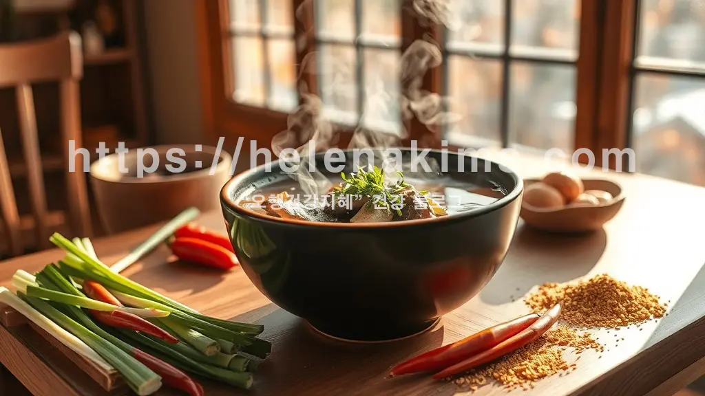 가을 햇살이 스며드는 아늑한 나무 테이블 위, 미나리가 조금 올려진 김이 모락모락 나는 따뜻하고 구수한 추어탕 한 그릇과 주변에는 신선한 대파, 붉은 고추, 노란 들깨가루 등 건강한 식재료들이 정갈하게 놓여 있는 이미지.