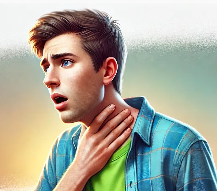 외국-젊은-남자가-딸국질로-괴로워하면서-목을-어루만지고있는-그림입니다.