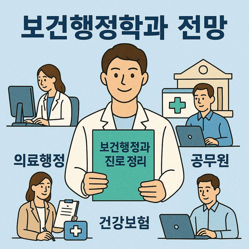 보건행정학과 전망을 주제로 의료행정, 건강보험, 공무원 분야의 직무를 따뜻한 일러스트 스타일로 표현한 진로 포스터