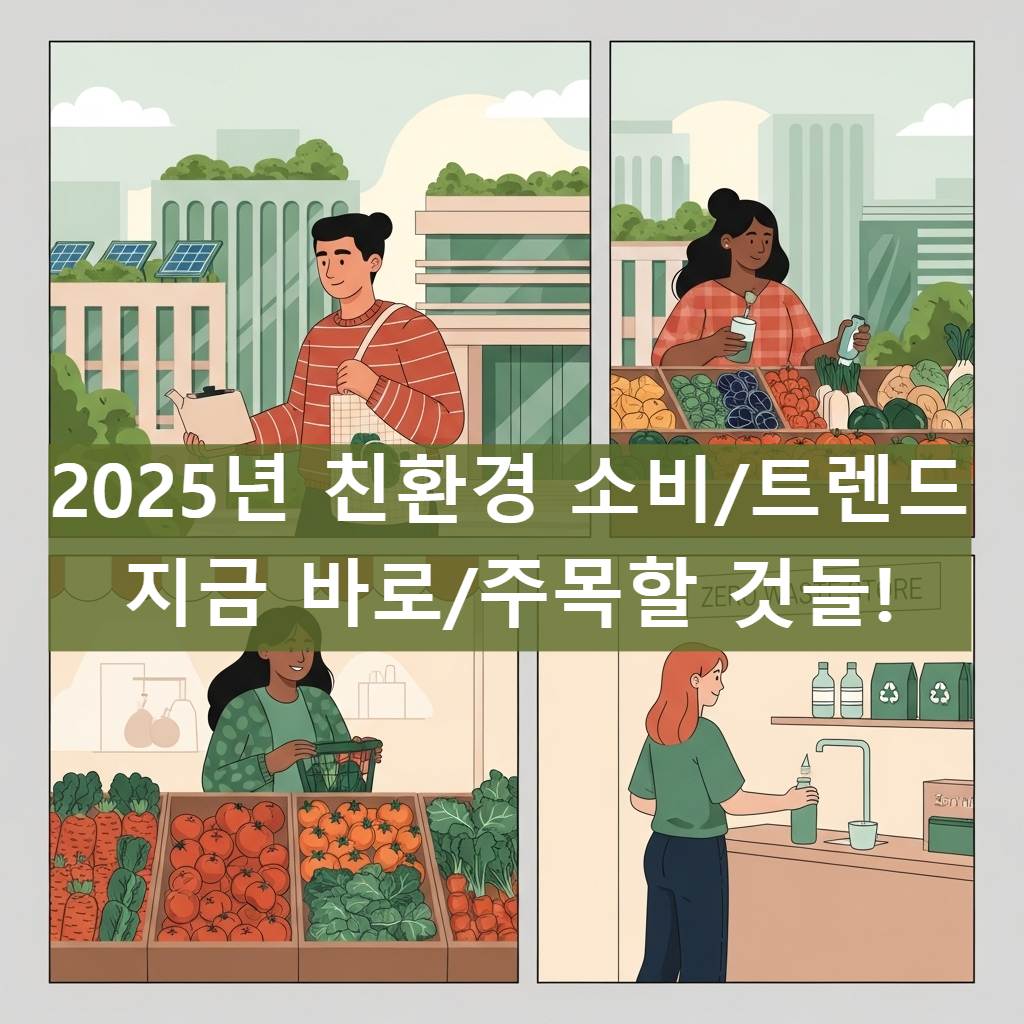 2025년 친환경 소비 트렌드를 보여주는 그림. 사람들이 장바구니를 들고 시장에서 유기농 채소를 구매하거나, 제로웨이스트 샵에서 물건을 리필하고 있다. 녹색 건축물이 배경에 있는 현대적인 도시 풍경으로 지속 가능성을 상징한다.