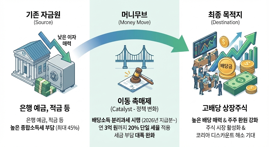 저축에서 고배당 주식으로 자금 흐름이 이동하는 구조 다이어그램
