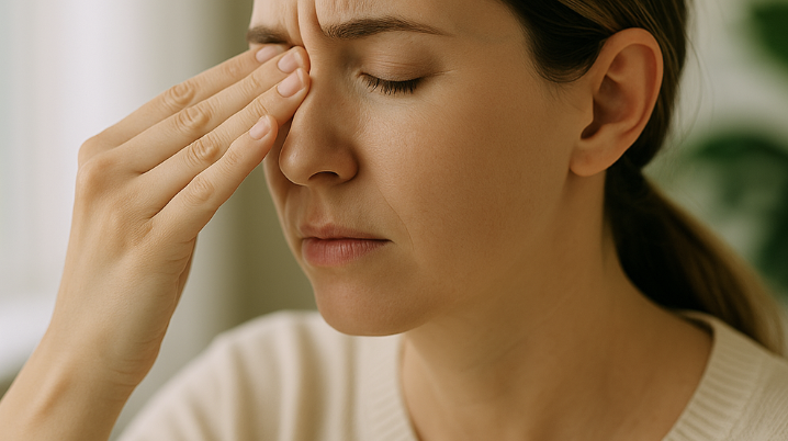 눈을 감고 손으로 눈을 누르고 있는 여성 사진