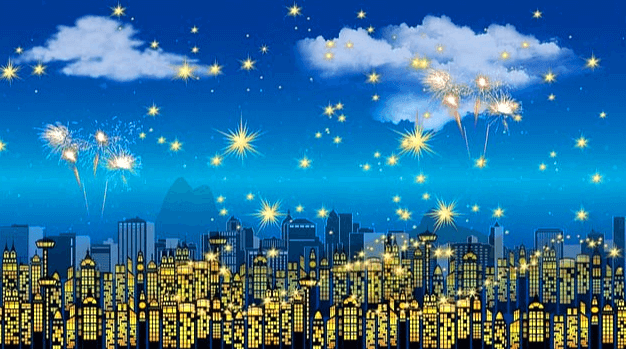 불빛이 빛나는 수많은 건물들이 있고 밤하늘에는 황금색 불꽃들이 반짝거린다.