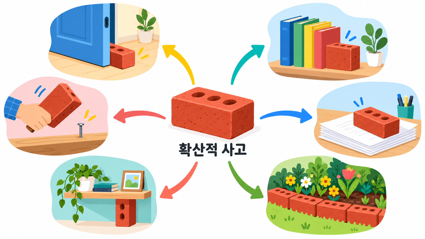 벽돌 한 장에서 문 받침, 책 받침, 문진, 화단 경계석 같은 여러 쓰임새로 화살표가 뻗어 나가는 도식
