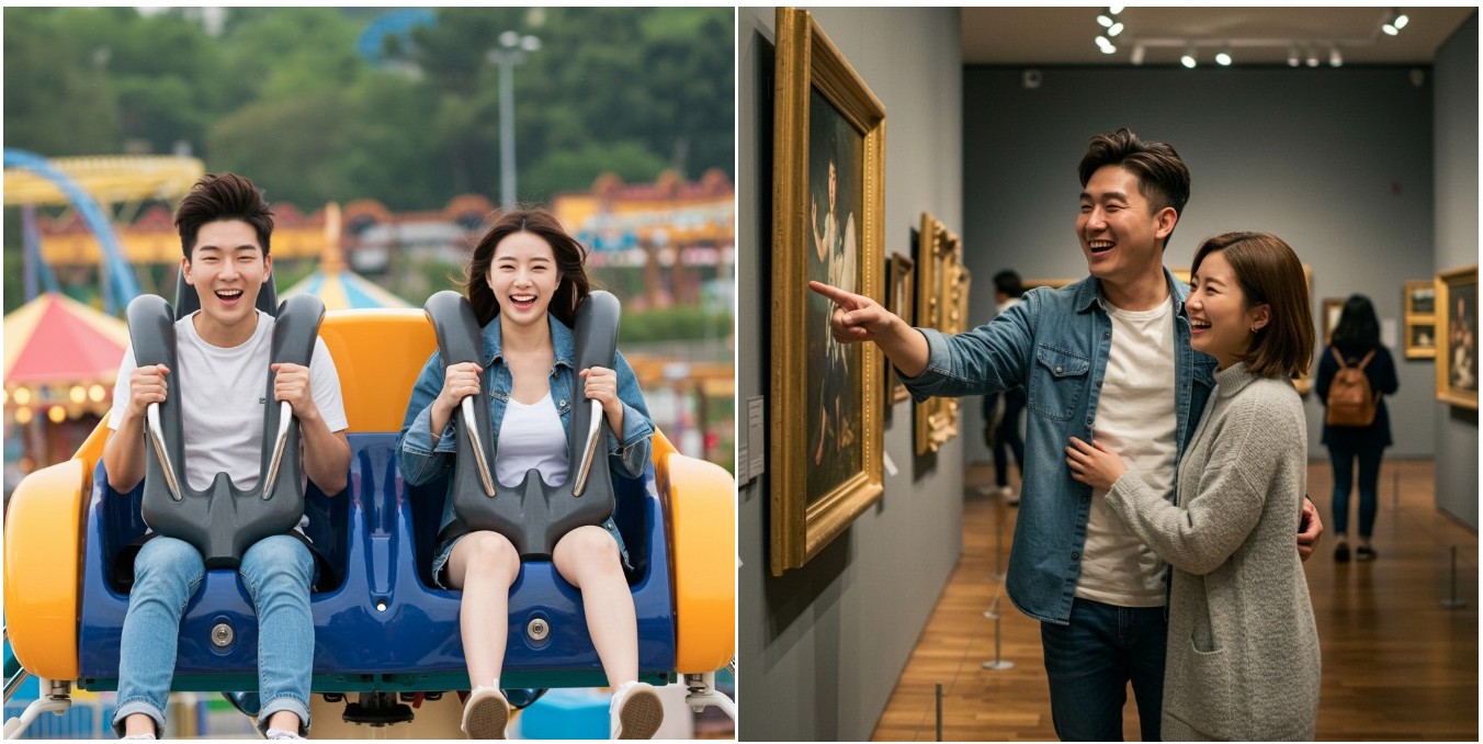 놀이공원과 미술관에서 행복해하고 있는 연인의 이미지