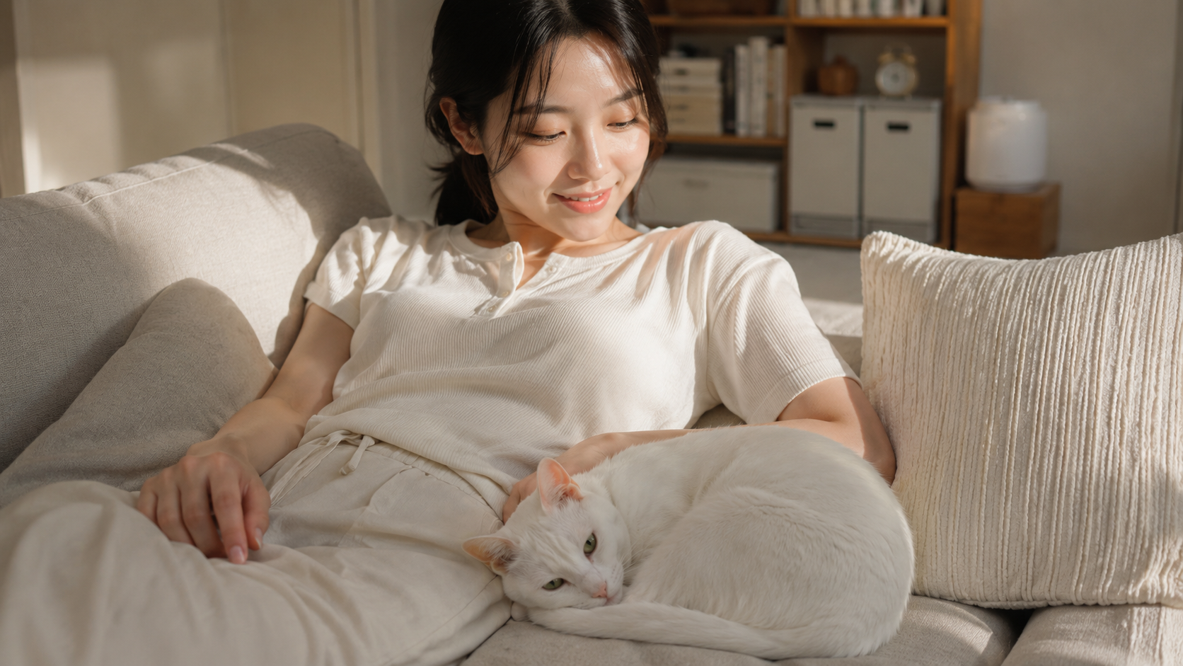 소파에서 흰 고양이와 함께 편안히 쉬는 장면