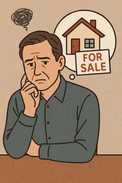 ‘집을 팔아야 할지 고민하는 중년 남성’의 일러스트.