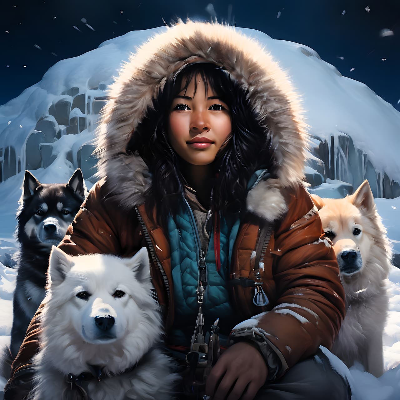 극지 설원에서 썰매견들과 함께 앉아 전면을 응시하는 여성 탐험가의 선명한 디테일을 통해 Veo3의 현실감과 표현력을 보여주는 이미지