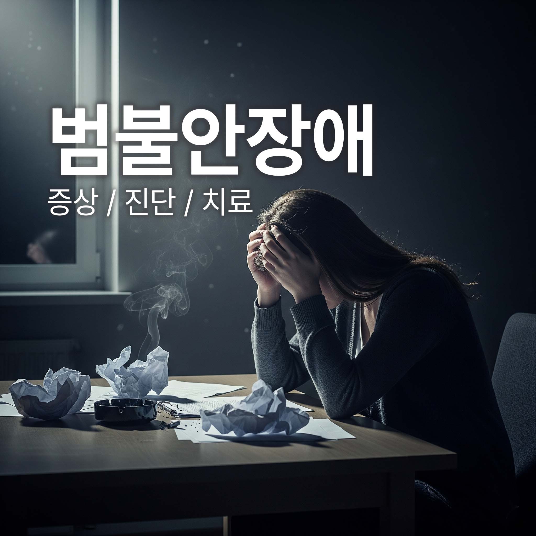 범불안장애로 불안해서 괴로워하고 있는 사람이 책상 앞에 앉아 머리를 감싸 쥐고 있다