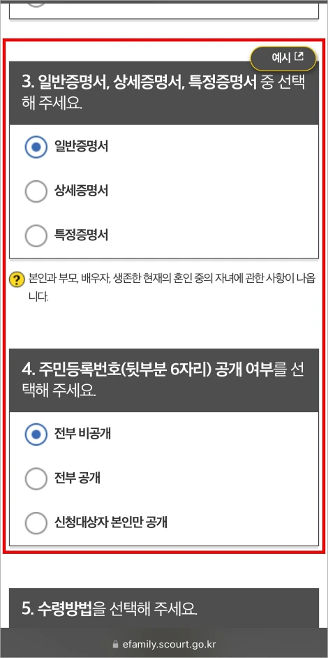 일반증명서, 상세증명서, 특정증명서 중 발급 유형을 선택하고, 주민등록번호 공개 여부를 선택