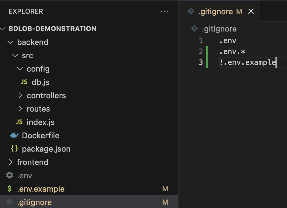 ignore every dot ENV files but dot ENV example file.