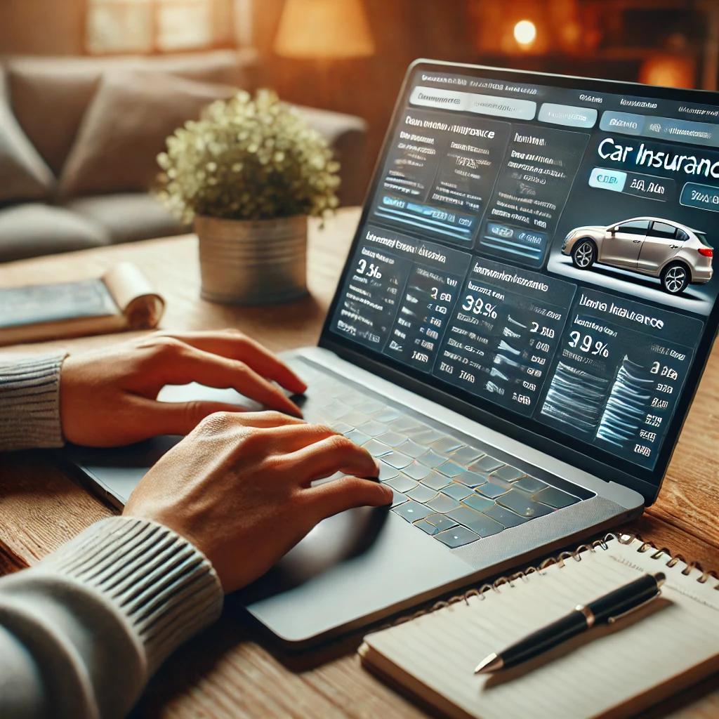 자동차보험 상품을 비교하기 위해 노트북을 사용하는 사람. 노트북 화면에 여러 보험 옵션이 표시되며, 따뜻한 조명 아래 분석적으로 집중하는 모습